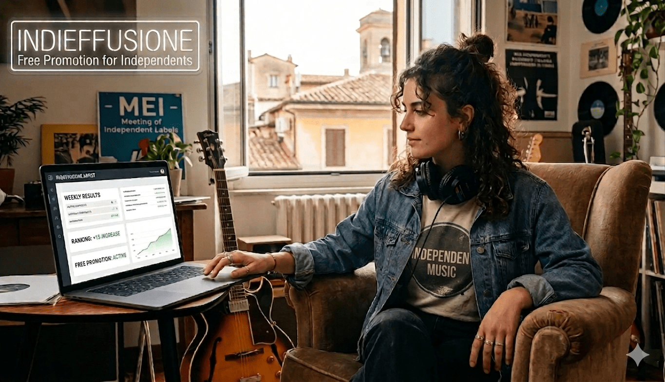 Music promotion in Italy for independent artists – Indieffusione platform showing weekly charts and artist profiles