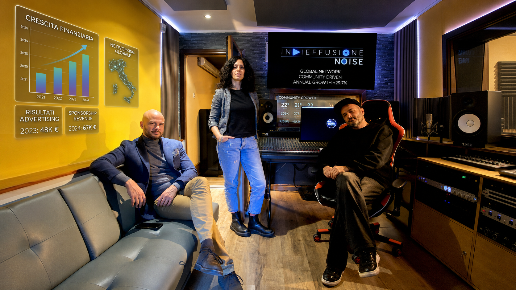 Il team di Noise Symphony nello studio della label discografica indipendente romana
