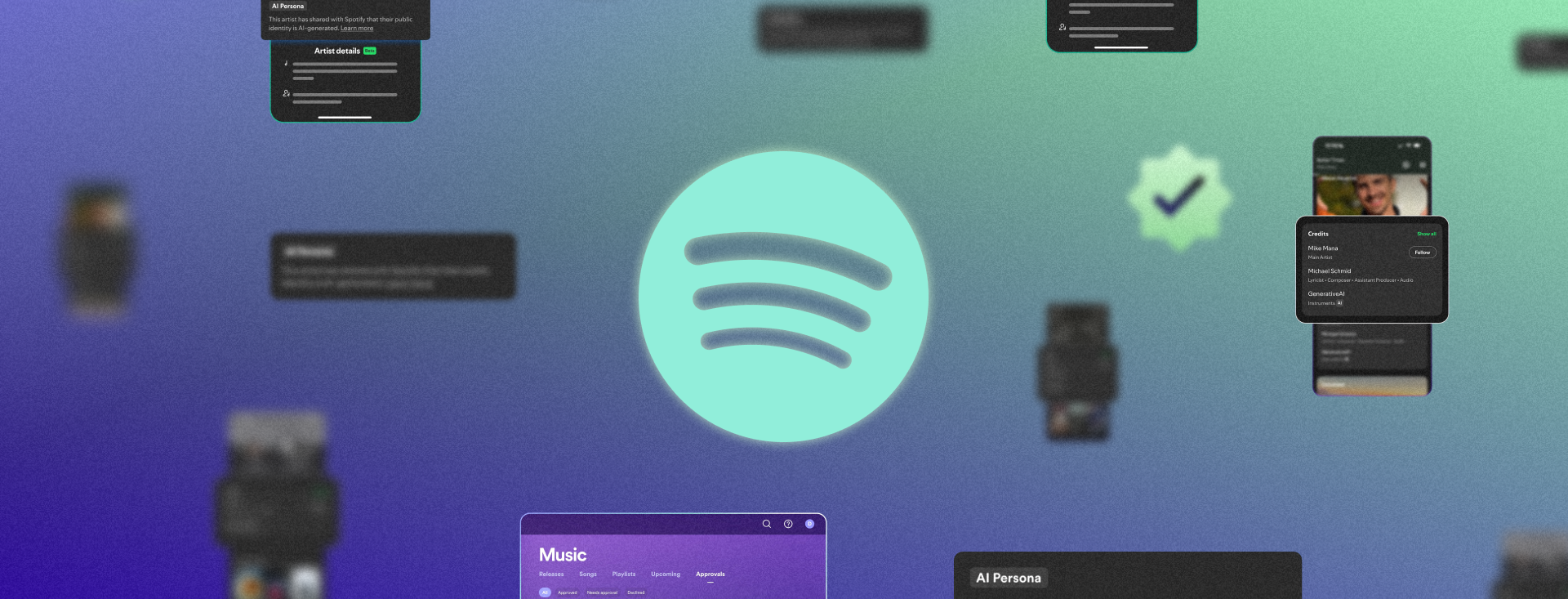 Un collage digitale con il logo di Spotify circondato da elementi grafici e interfacce che richiamano l'intelligenza artifici