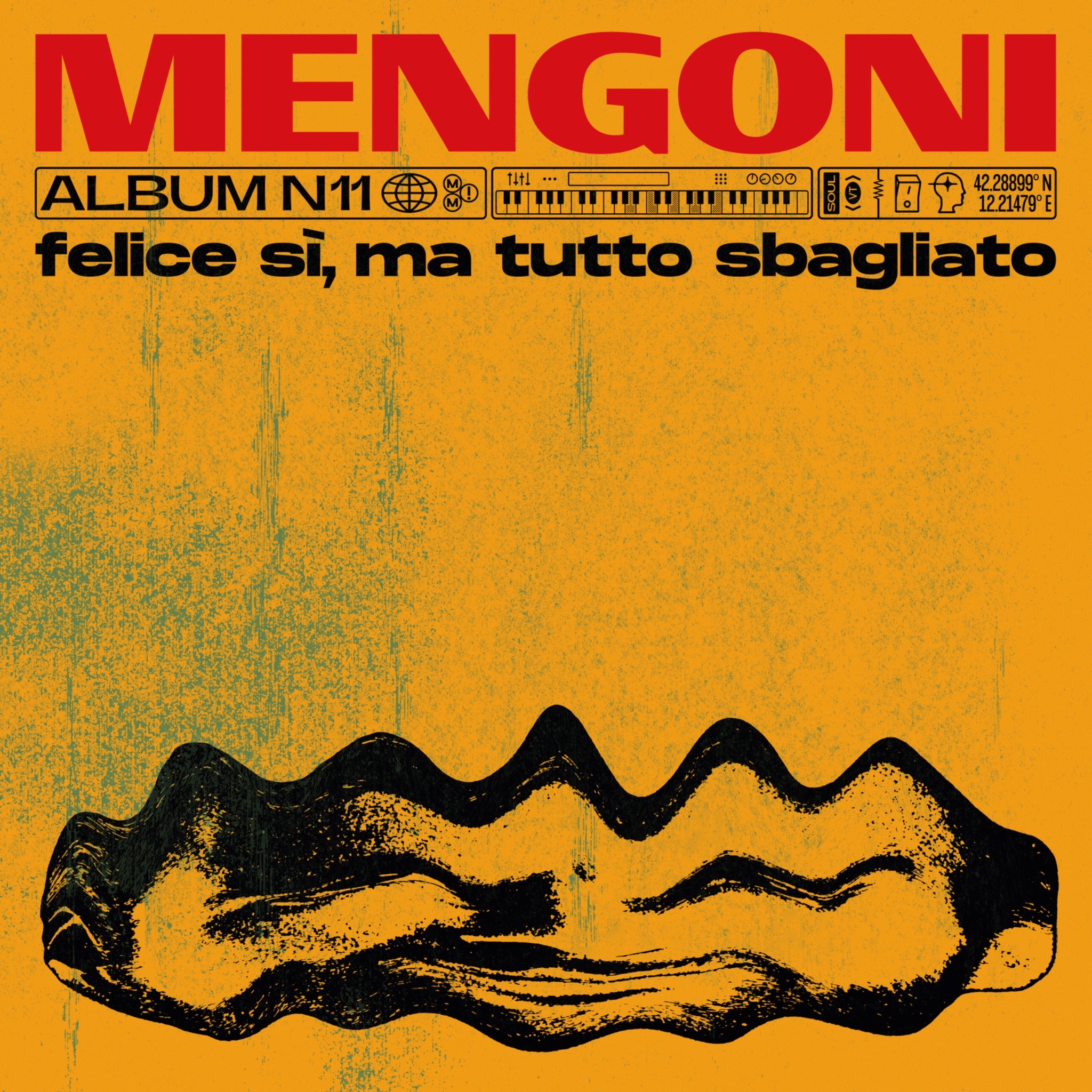 Copertina dell'undicesimo album di Marco Mengoni, intitolato "felice sì, ma tutto sbagliato", su sfondo giallo.