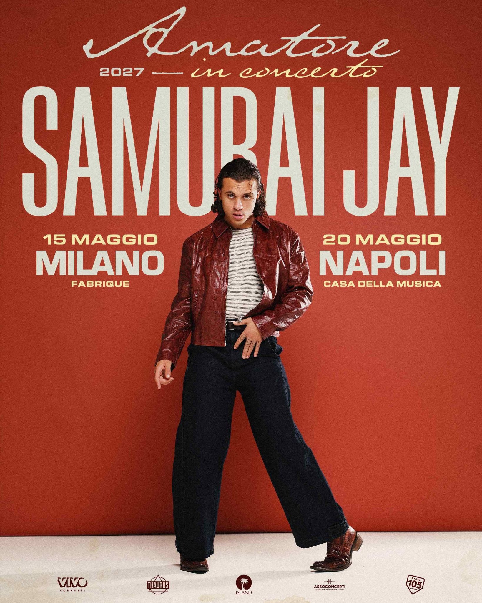 Locandina del tour "Amatore in concerto" di Samurai Jay con le date di Milano e Napoli.