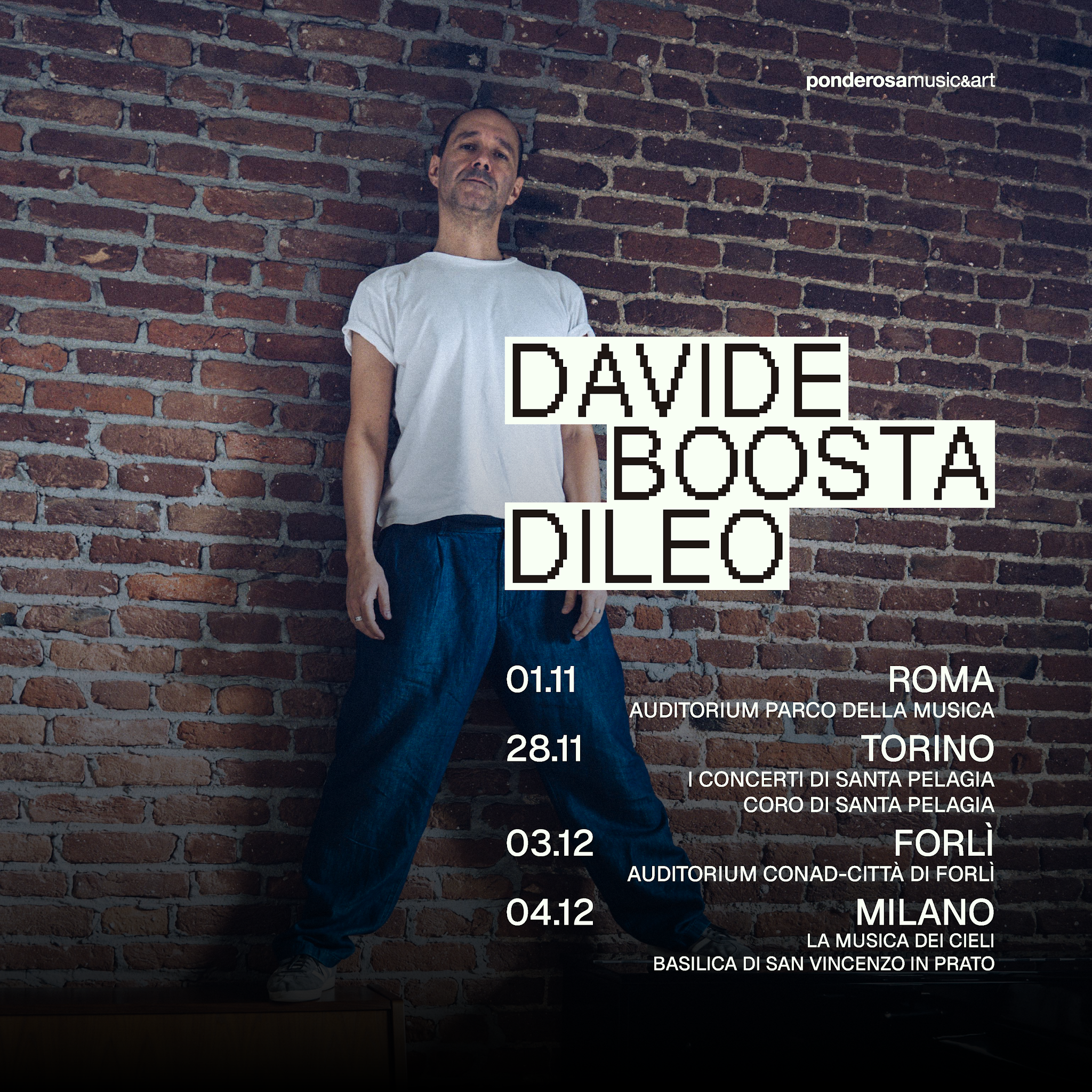 Locandina del tour di Davide Boosta Dileo con la sua foto su uno sfondo di mattoni a vista.
