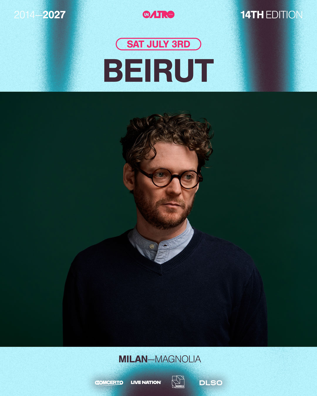 Locandina del festival Unaltro con il ritratto di Zach Condon, artista del gruppo Beirut, per l'edizione 2027 a Milano.
